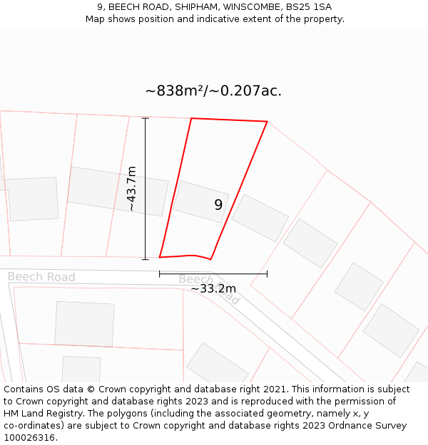 9, BEECH ROAD, SHIPHAM, WINSCOMBE, BS25 1SA: Plot and title map