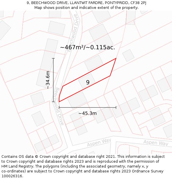 9, BEECHWOOD DRIVE, LLANTWIT FARDRE, PONTYPRIDD, CF38 2PJ: Plot and title map