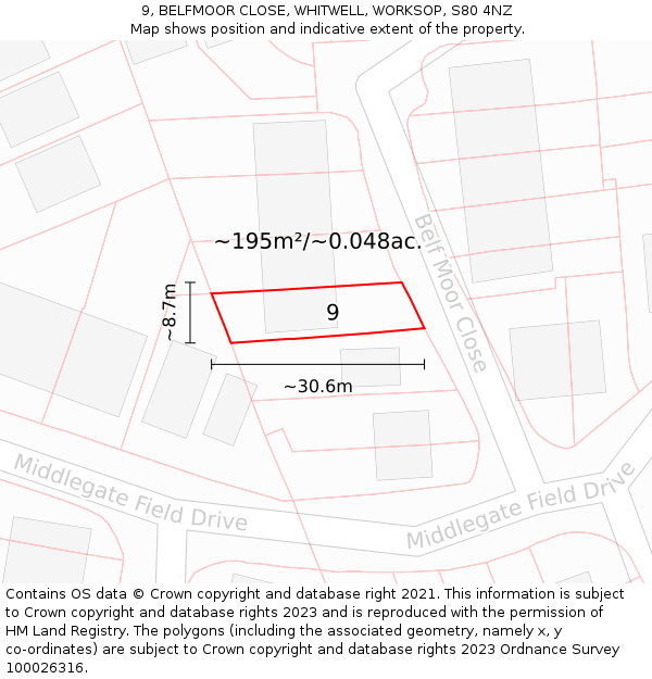 9, BELFMOOR CLOSE, WHITWELL, WORKSOP, S80 4NZ: Plot and title map