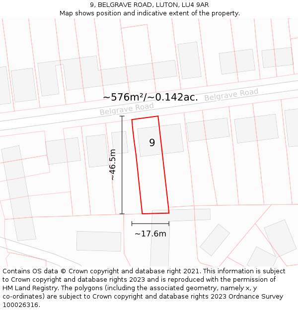 9, BELGRAVE ROAD, LUTON, LU4 9AR: Plot and title map