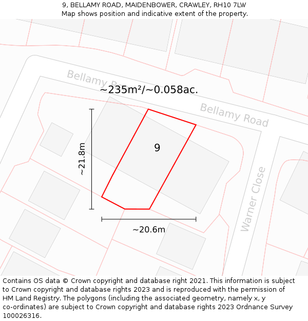 9, BELLAMY ROAD, MAIDENBOWER, CRAWLEY, RH10 7LW: Plot and title map