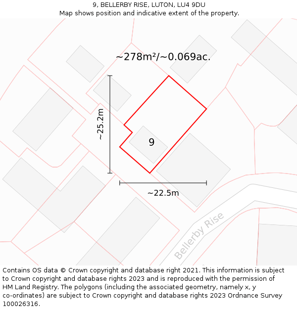 9, BELLERBY RISE, LUTON, LU4 9DU: Plot and title map