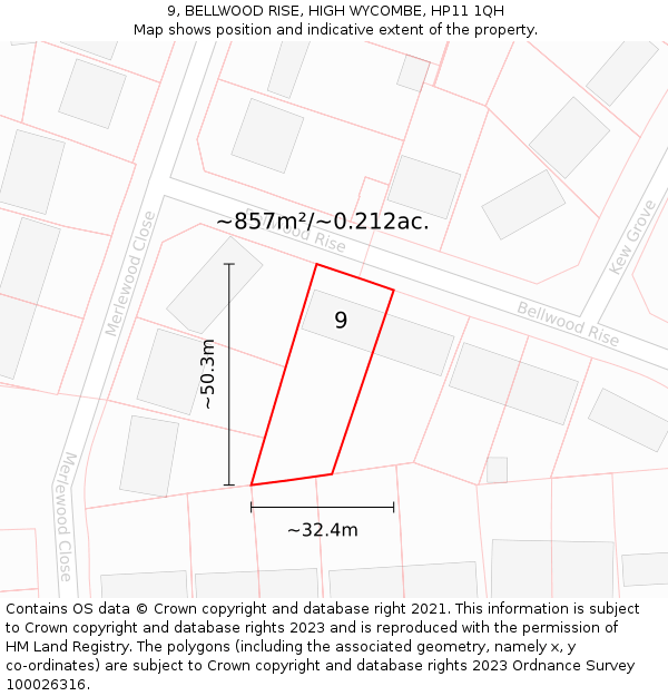 9, BELLWOOD RISE, HIGH WYCOMBE, HP11 1QH: Plot and title map