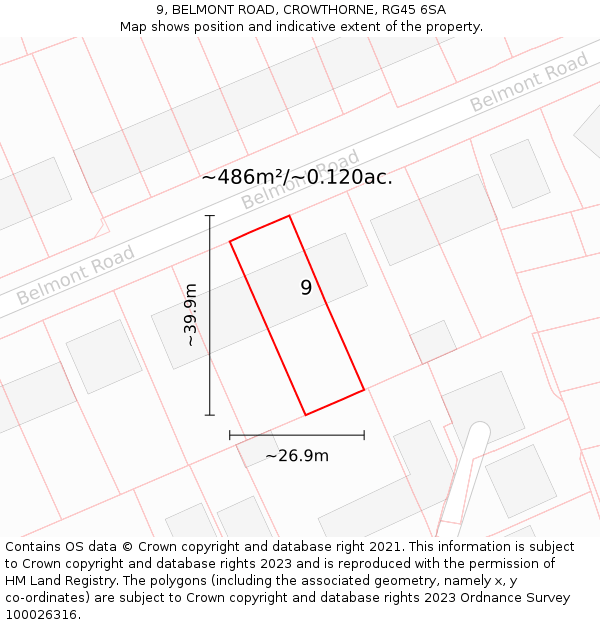 9, BELMONT ROAD, CROWTHORNE, RG45 6SA: Plot and title map