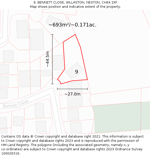 9, BENNETT CLOSE, WILLASTON, NESTON, CH64 2XF: Plot and title map