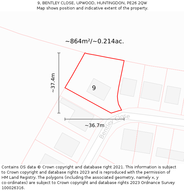 9, BENTLEY CLOSE, UPWOOD, HUNTINGDON, PE26 2QW: Plot and title map