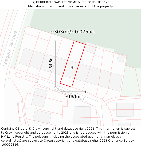 9, BERBERIS ROAD, LEEGOMERY, TELFORD, TF1 6XF: Plot and title map