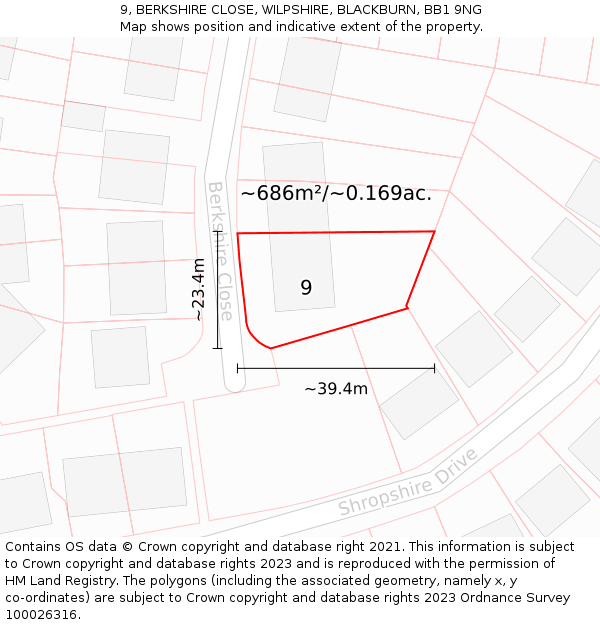 9, BERKSHIRE CLOSE, WILPSHIRE, BLACKBURN, BB1 9NG: Plot and title map