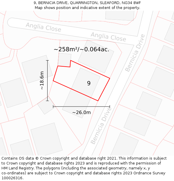 9, BERNICIA DRIVE, QUARRINGTON, SLEAFORD, NG34 8WF: Plot and title map