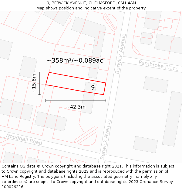 9, BERWICK AVENUE, CHELMSFORD, CM1 4AN: Plot and title map