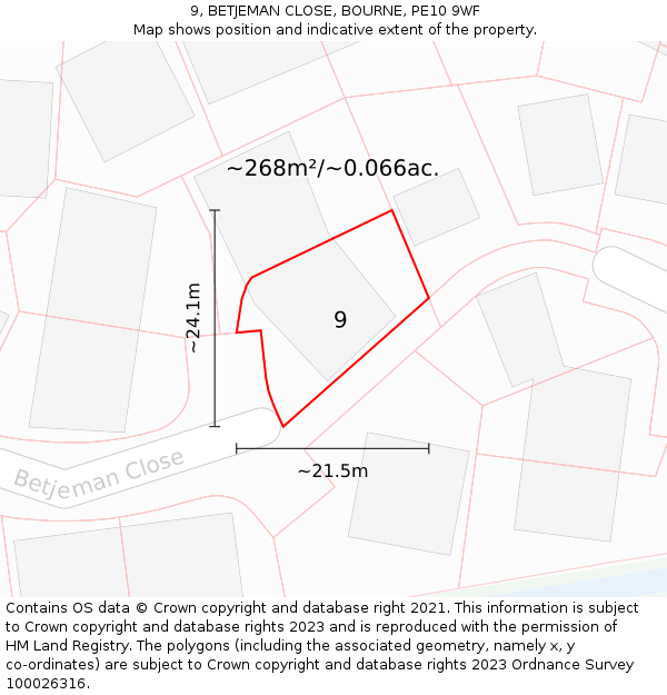 9, BETJEMAN CLOSE, BOURNE, PE10 9WF: Plot and title map