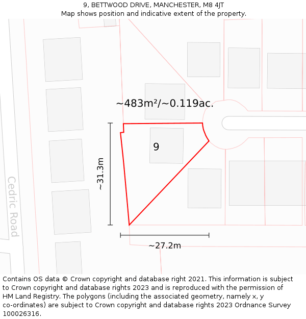 9, BETTWOOD DRIVE, MANCHESTER, M8 4JT: Plot and title map