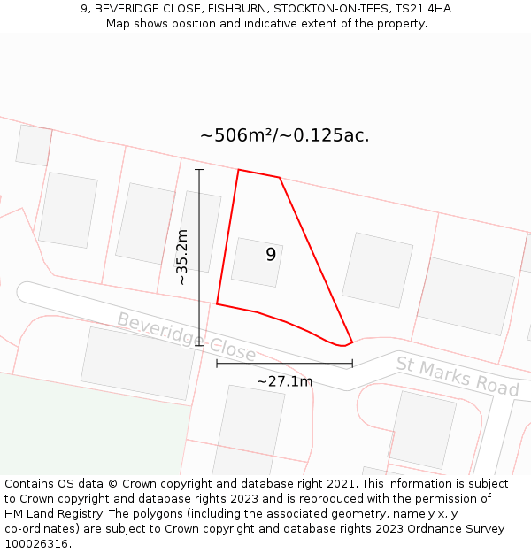 9, BEVERIDGE CLOSE, FISHBURN, STOCKTON-ON-TEES, TS21 4HA: Plot and title map