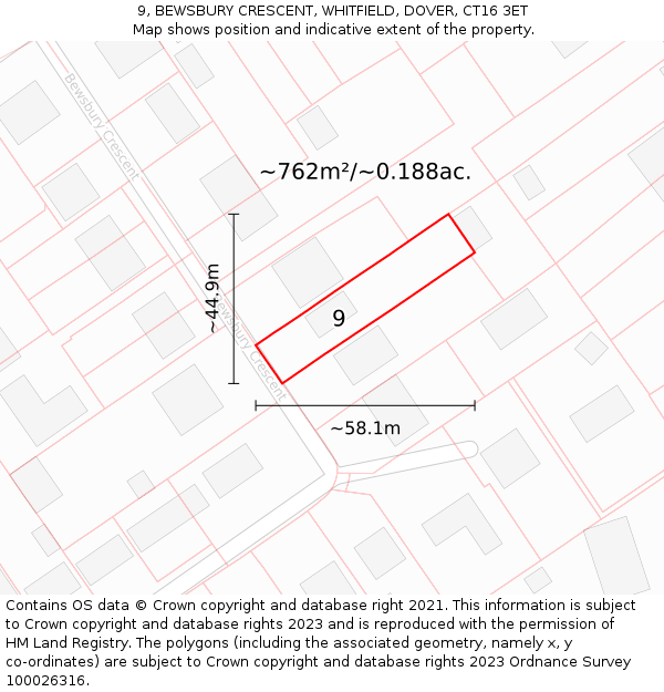 9, BEWSBURY CRESCENT, WHITFIELD, DOVER, CT16 3ET: Plot and title map