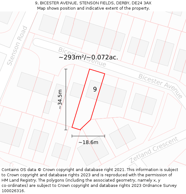 9, BICESTER AVENUE, STENSON FIELDS, DERBY, DE24 3AX: Plot and title map