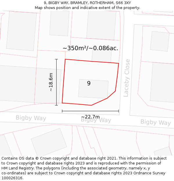 9, BIGBY WAY, BRAMLEY, ROTHERHAM, S66 3XY: Plot and title map