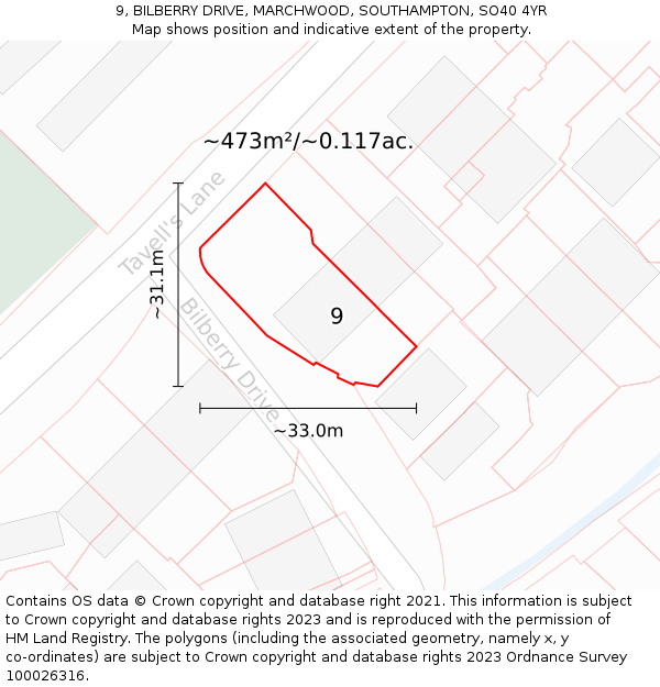 9, BILBERRY DRIVE, MARCHWOOD, SOUTHAMPTON, SO40 4YR: Plot and title map