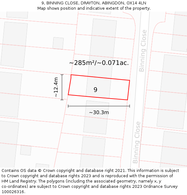 9, BINNING CLOSE, DRAYTON, ABINGDON, OX14 4LN: Plot and title map