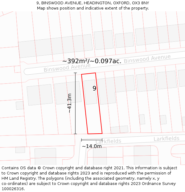 9, BINSWOOD AVENUE, HEADINGTON, OXFORD, OX3 8NY: Plot and title map