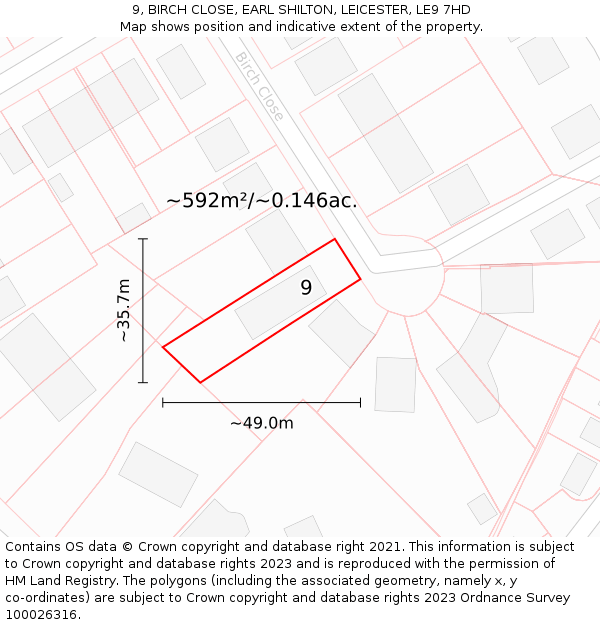 9, BIRCH CLOSE, EARL SHILTON, LEICESTER, LE9 7HD: Plot and title map