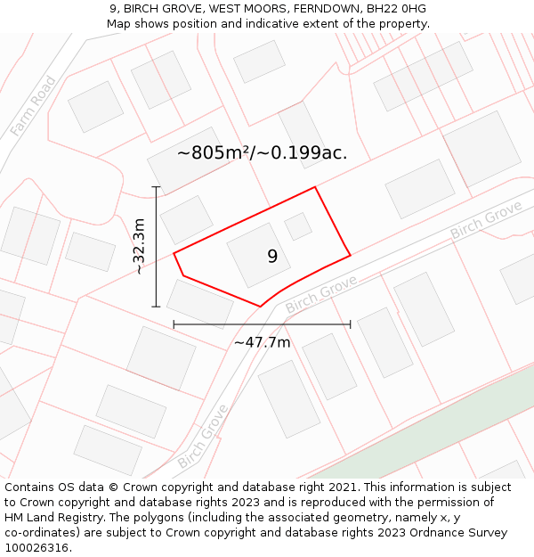 9, BIRCH GROVE, WEST MOORS, FERNDOWN, BH22 0HG: Plot and title map