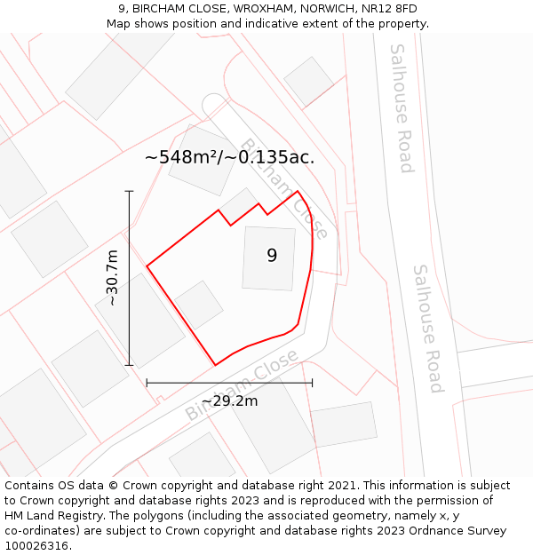 9, BIRCHAM CLOSE, WROXHAM, NORWICH, NR12 8FD: Plot and title map