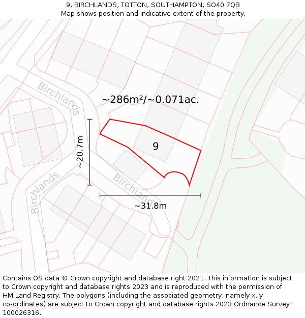 9, BIRCHLANDS, TOTTON, SOUTHAMPTON, SO40 7QB: Plot and title map