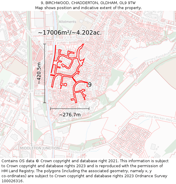 9, BIRCHWOOD, CHADDERTON, OLDHAM, OL9 9TW: Plot and title map