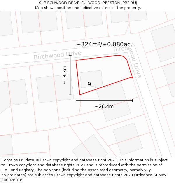 9, BIRCHWOOD DRIVE, FULWOOD, PRESTON, PR2 9UJ: Plot and title map