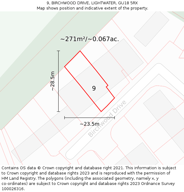 9, BIRCHWOOD DRIVE, LIGHTWATER, GU18 5RX: Plot and title map