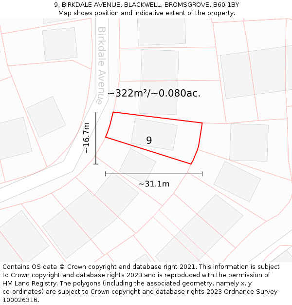 9, BIRKDALE AVENUE, BLACKWELL, BROMSGROVE, B60 1BY: Plot and title map