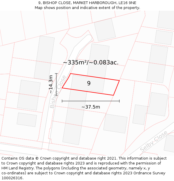 9, BISHOP CLOSE, MARKET HARBOROUGH, LE16 9NE: Plot and title map