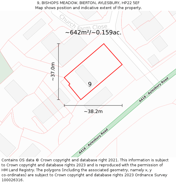 9, BISHOPS MEADOW, BIERTON, AYLESBURY, HP22 5EF: Plot and title map