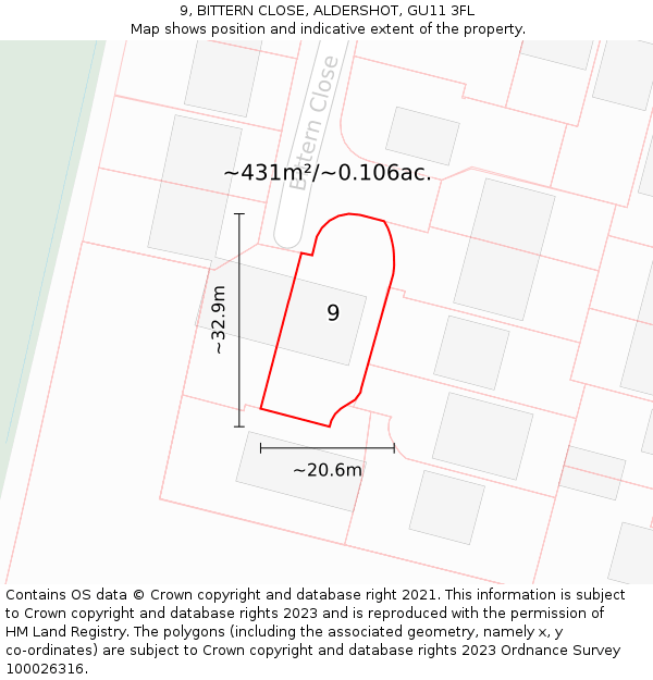 9, BITTERN CLOSE, ALDERSHOT, GU11 3FL: Plot and title map