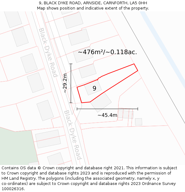 9, BLACK DYKE ROAD, ARNSIDE, CARNFORTH, LA5 0HH: Plot and title map
