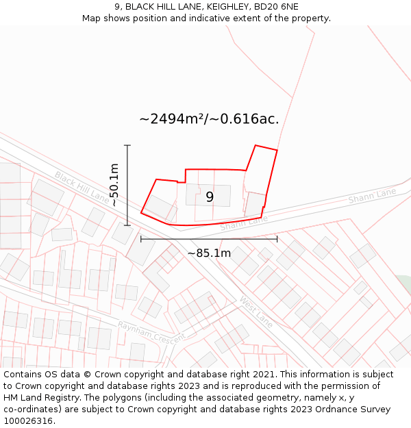 9, BLACK HILL LANE, KEIGHLEY, BD20 6NE: Plot and title map