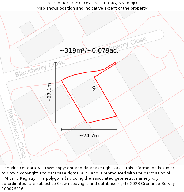 9, BLACKBERRY CLOSE, KETTERING, NN16 9JQ: Plot and title map