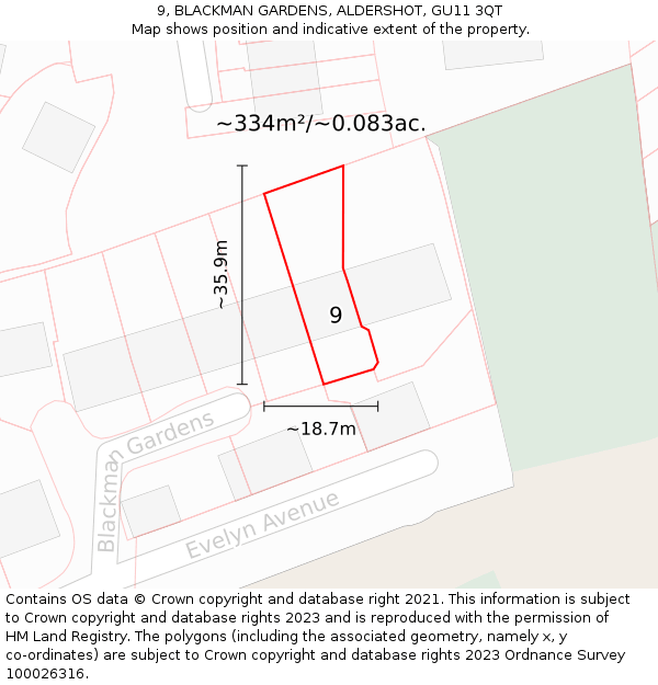 9, BLACKMAN GARDENS, ALDERSHOT, GU11 3QT: Plot and title map