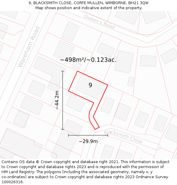 9, BLACKSMITH CLOSE, CORFE MULLEN, WIMBORNE, BH21 3QW: Plot and title map