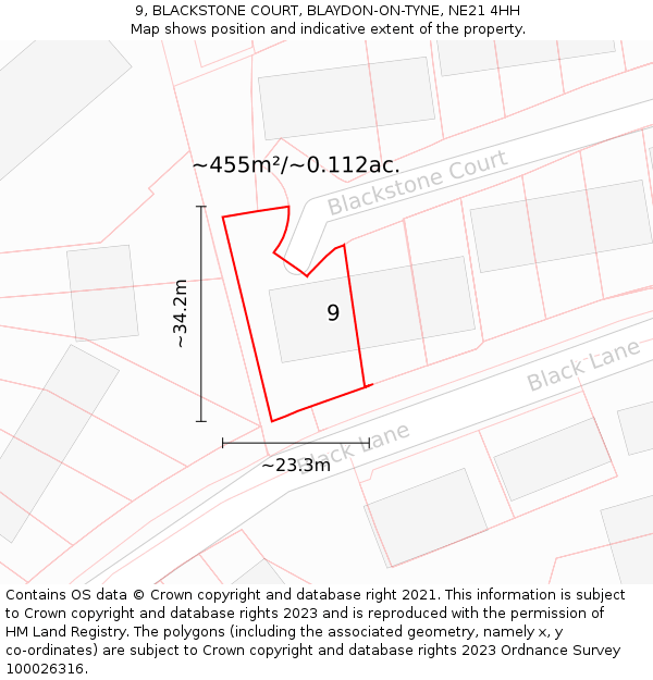 9, BLACKSTONE COURT, BLAYDON-ON-TYNE, NE21 4HH: Plot and title map