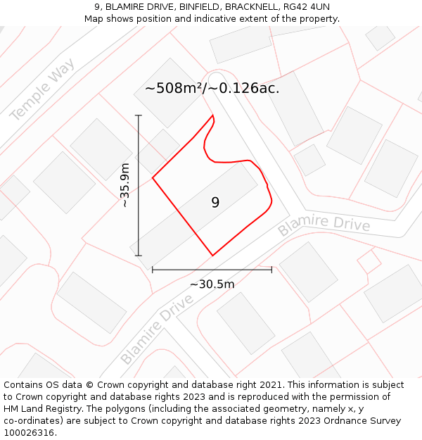 9, BLAMIRE DRIVE, BINFIELD, BRACKNELL, RG42 4UN: Plot and title map