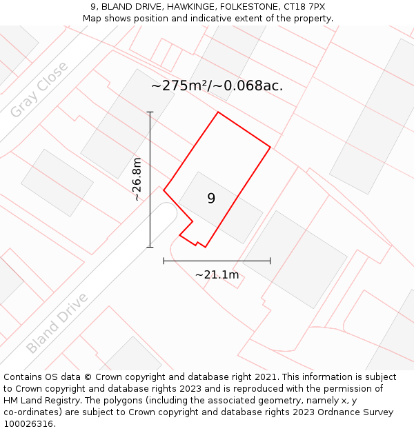 9, BLAND DRIVE, HAWKINGE, FOLKESTONE, CT18 7PX: Plot and title map