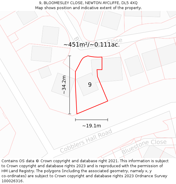 9, BLOOMESLEY CLOSE, NEWTON AYCLIFFE, DL5 4XQ: Plot and title map