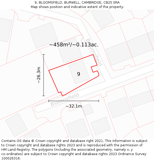 9, BLOOMSFIELD, BURWELL, CAMBRIDGE, CB25 0RA: Plot and title map