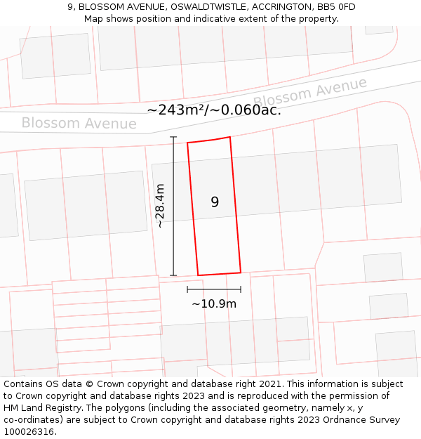 9, BLOSSOM AVENUE, OSWALDTWISTLE, ACCRINGTON, BB5 0FD: Plot and title map