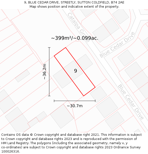 9, BLUE CEDAR DRIVE, STREETLY, SUTTON COLDFIELD, B74 2AE: Plot and title map