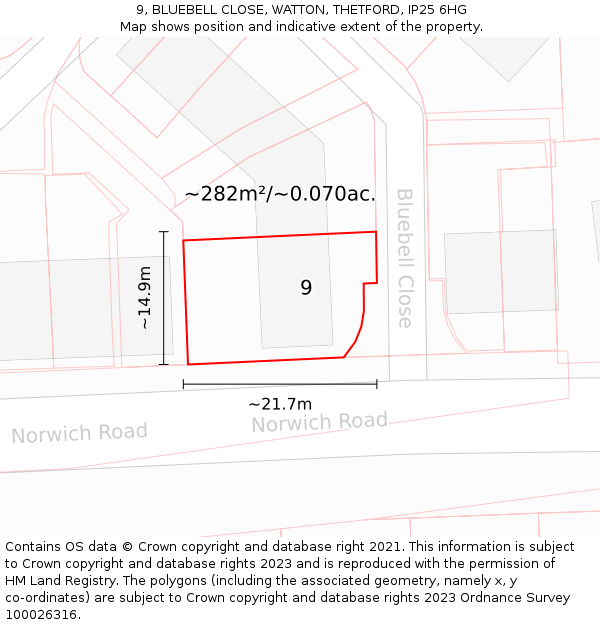 9, BLUEBELL CLOSE, WATTON, THETFORD, IP25 6HG: Plot and title map