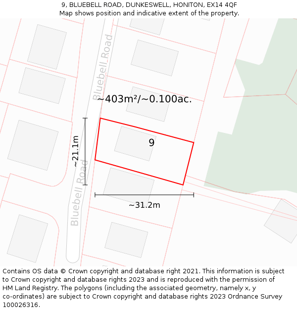 9, BLUEBELL ROAD, DUNKESWELL, HONITON, EX14 4QF: Plot and title map