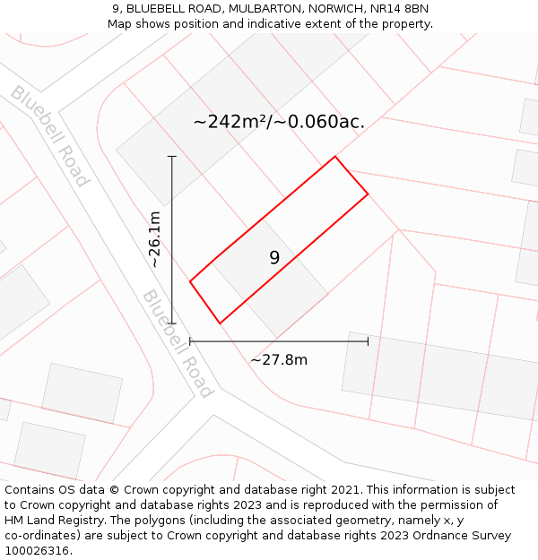 9, BLUEBELL ROAD, MULBARTON, NORWICH, NR14 8BN: Plot and title map