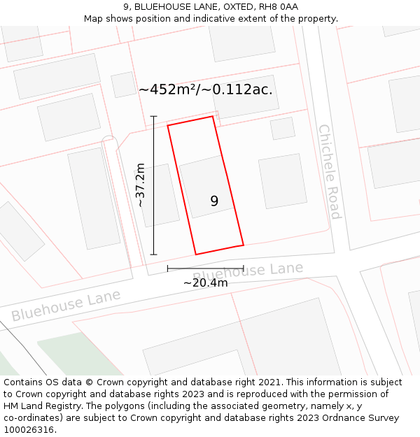 9, BLUEHOUSE LANE, OXTED, RH8 0AA: Plot and title map